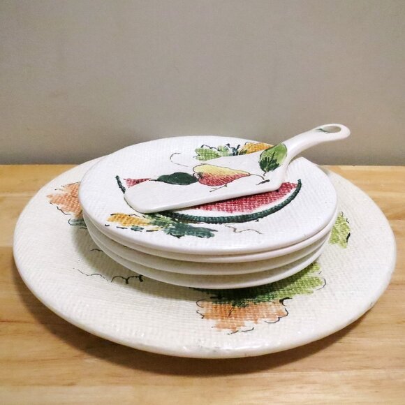 Cake Plate Serving Set Italy 11.5" Plate & 7.5" Serving Plates X4 & Cake Knife - Picture 1 of 7